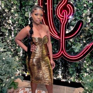 House of CB GAIA METALLIC GOLD STRAPLESS DRESS